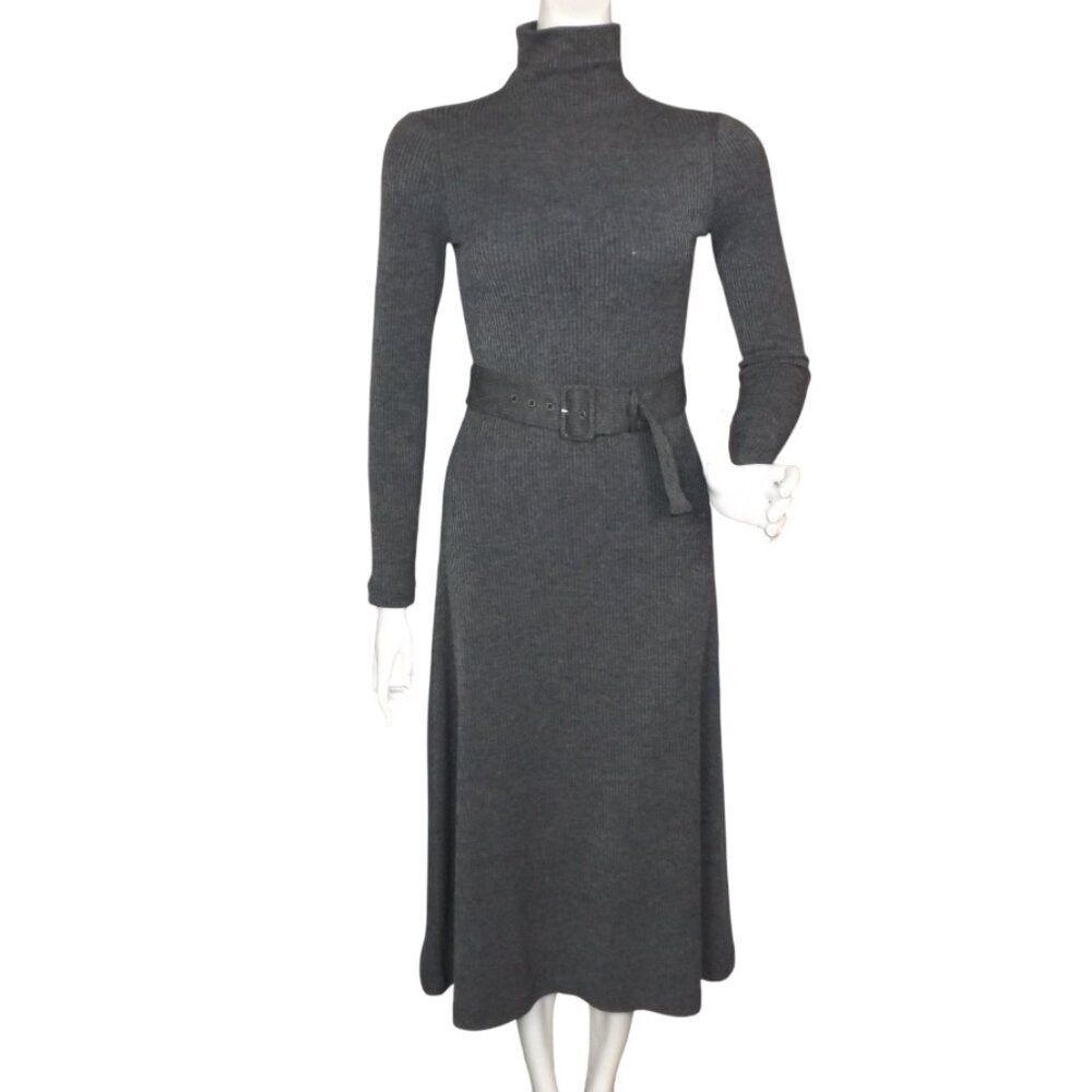 CLUB MONACO Knit Dress, XS, Dark Heather Gray Ribbed,Midi, Long sleeve,high neck